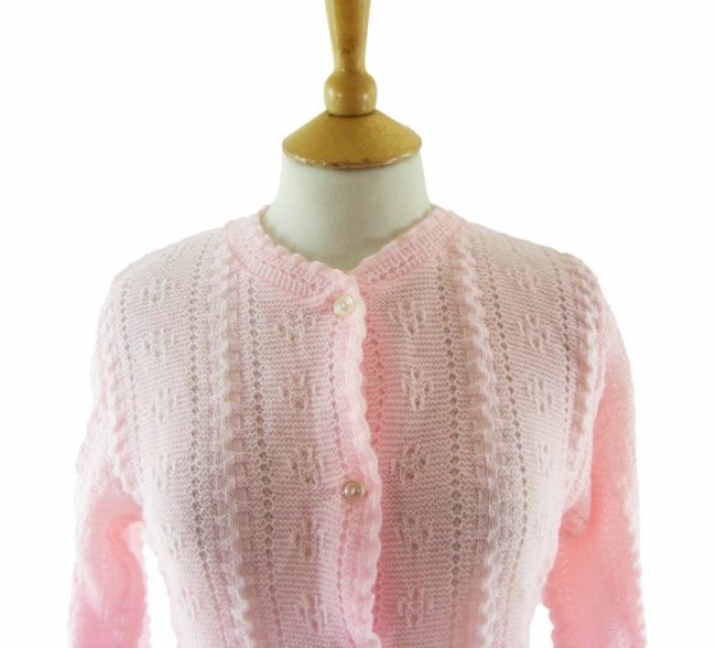 70s Pretty Pink Ribbed Button Through Cardigan - 8 - Image 2