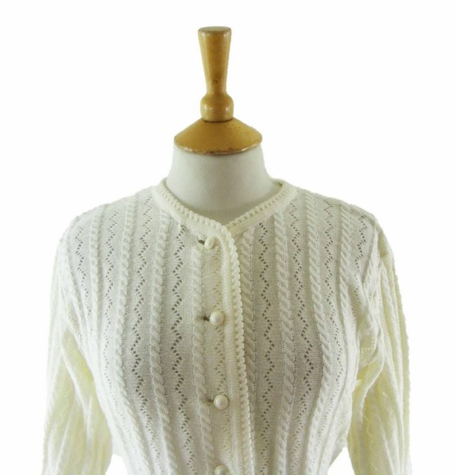 70s Zig Zag Patterned White Knitted Cardigan - 12 - Image 2
