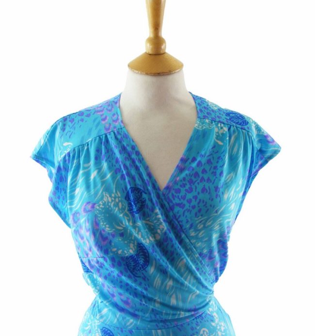 80s Blue Abstract Floral Print Dress - 10 - Image 2