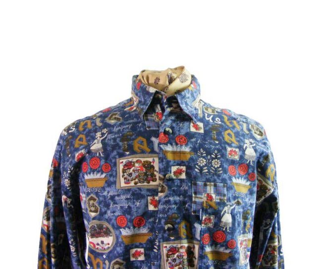 80s Blue Novelty Print Shirt - L - Image 2