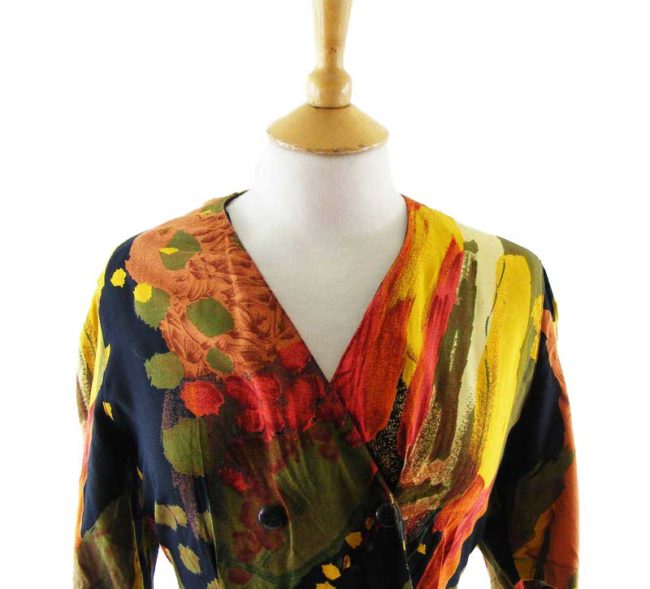Close-up-of-80s-Brightly-Colored-V-Neck-Blouse