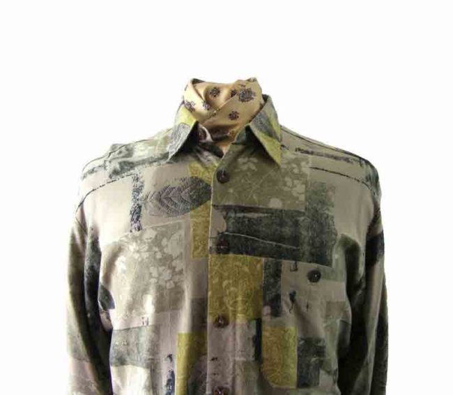 80s Green Leaf Print Shirt - L - Image 2