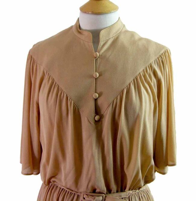 80s Light Brown Pleated Dress - 12 - Image 2