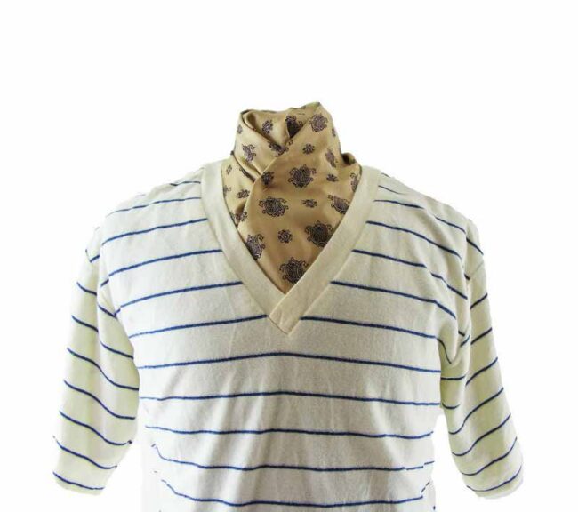 80s Mans V Neck Striped Short Sleeve Top - XL - Image 2