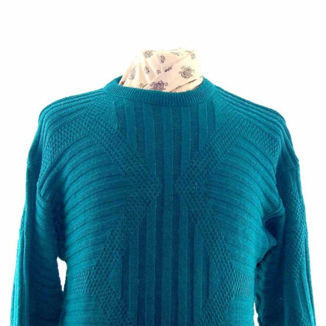 80s Mens Sea Green Ribbed Crew Neck Sweater - L - Image 2