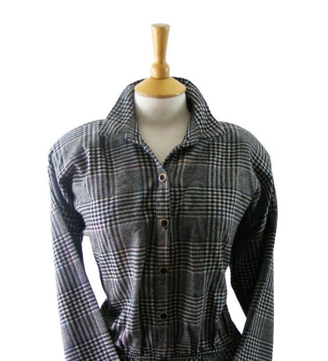 80s Multicolored Tartan Check Wool Dress - Image 2