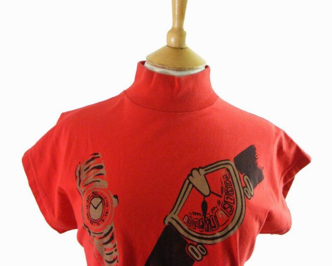 80s Red Watch Print T Shirt - 10 - Image 2