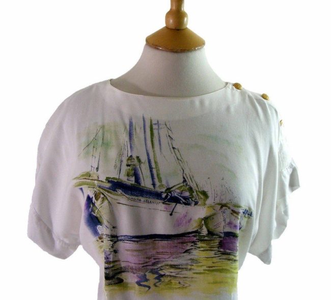 80s White Boat Print T Shirt - 14 - Image 2