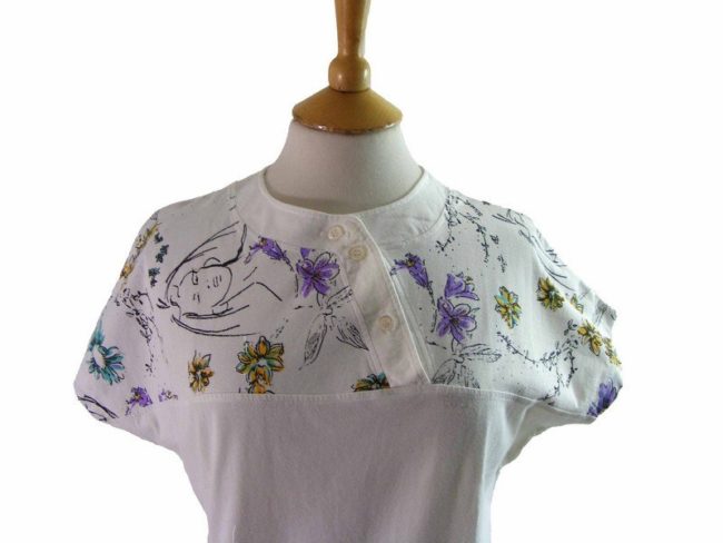 80s White Floral Print Top - 14 - Image 2