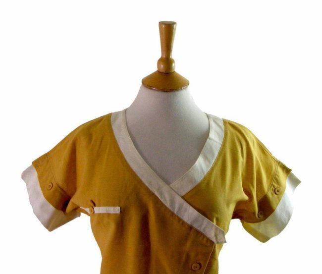 Close-up-of-80s-Yellow-Asymmetric-V-Neck-Blouse