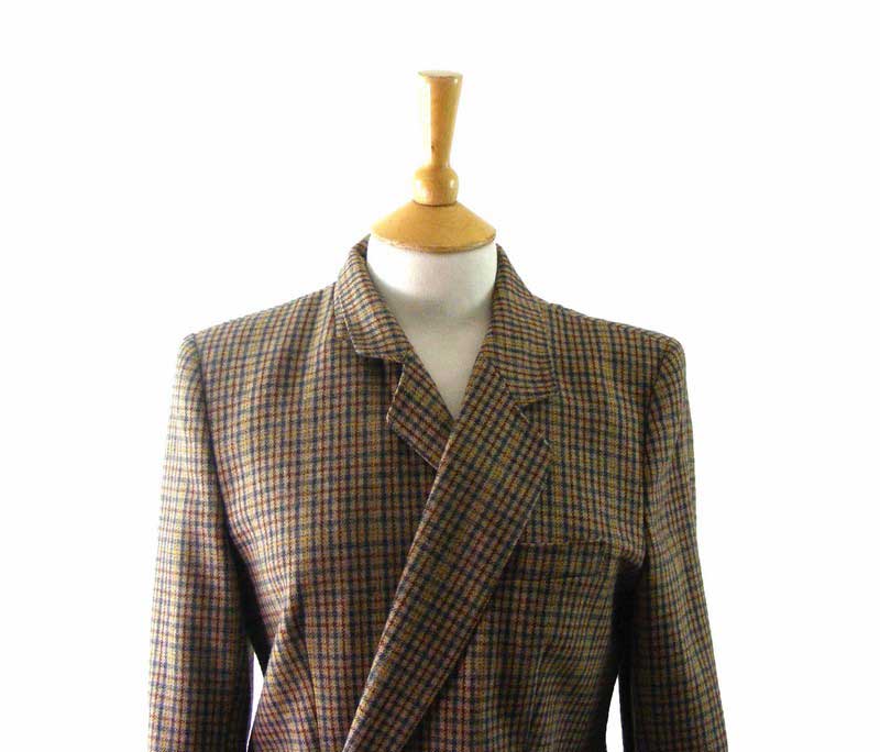 90s Checked Wool Tweed Double Breasted Blazer - 10 - Blue 17 ...