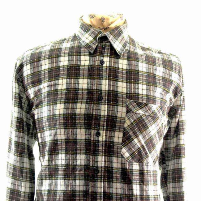 90s Mens White Brown Yellow Plaid Check Shirt - M - Image 2