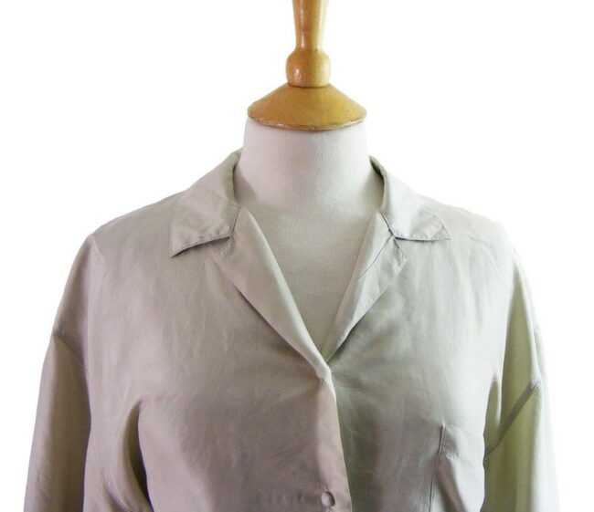 Close-up-of-90s-grey-Silk-Short-Sleeved-Blouse