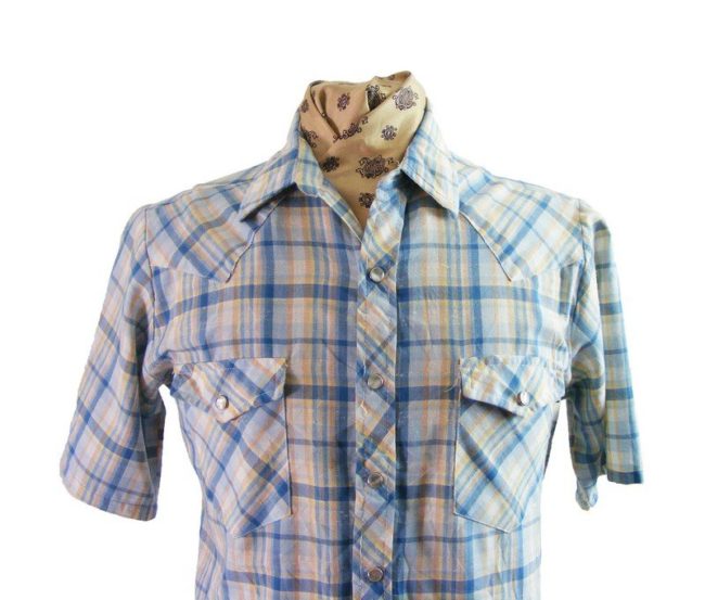 Blue Checked Short Sleeved Western Shirt - L - Image 2