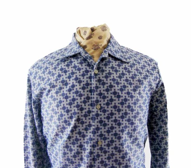 60s Blue Geometric Patterned Dead Stock Shirt - XL - Image 2