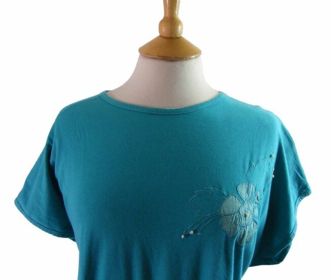 Floral Applique Blue Retro 80s Tee Shirt - 16 - Image 2
