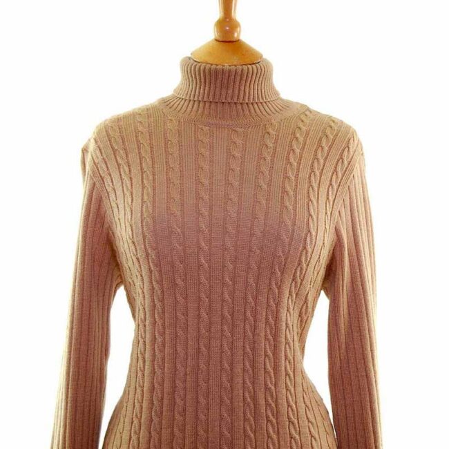 Ladies Beige Cable Knit Roll Neck Sweater - 12 - Image 2