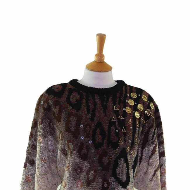Ladies Multicoloured Gold Decoration Dolman Sleeved 80s Sweater  - 12 - Image 2