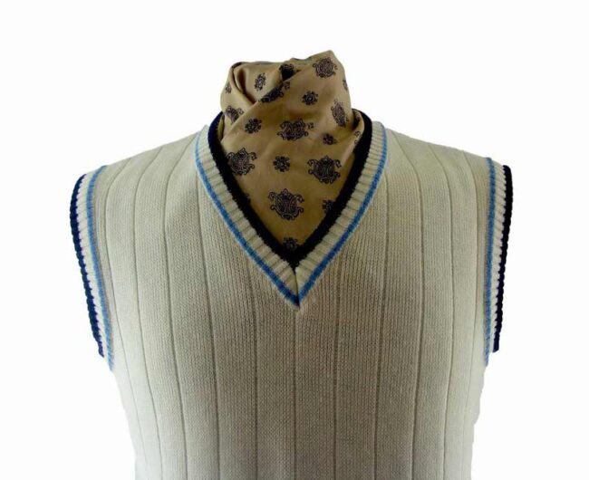 Mens White & Blue Sleeveless Cricket Sweater - L - Image 2