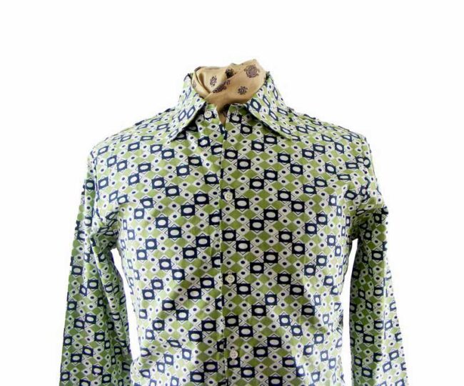 Sixties Mens Dead Stock Green Geometric Printed shirt - M - Image 2