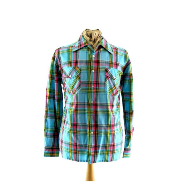 70s shirt-Cyan blue Check