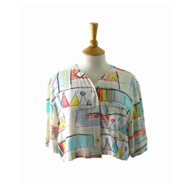 90s Multicolored Printed Cropped V Neck Top