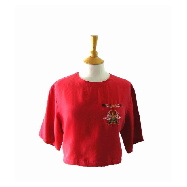 90s Red Cropped Scoop Neckline Top - 10