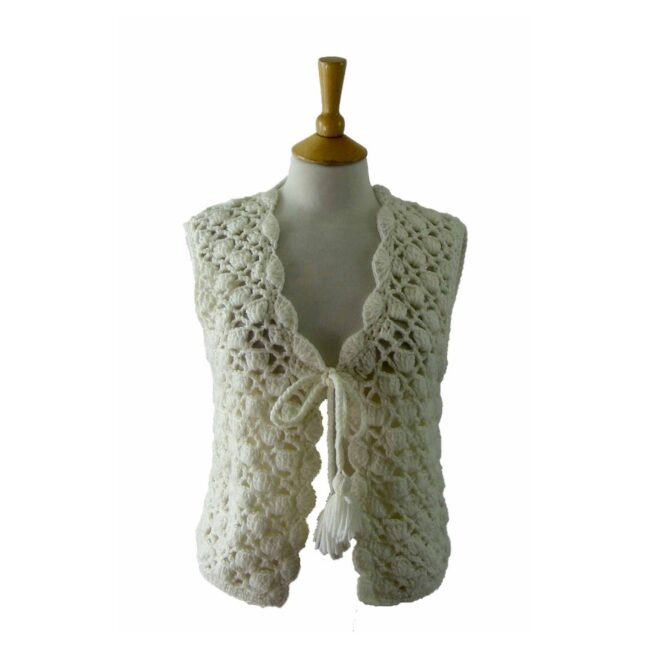 90s White Wool Crotchet Top - UK 14