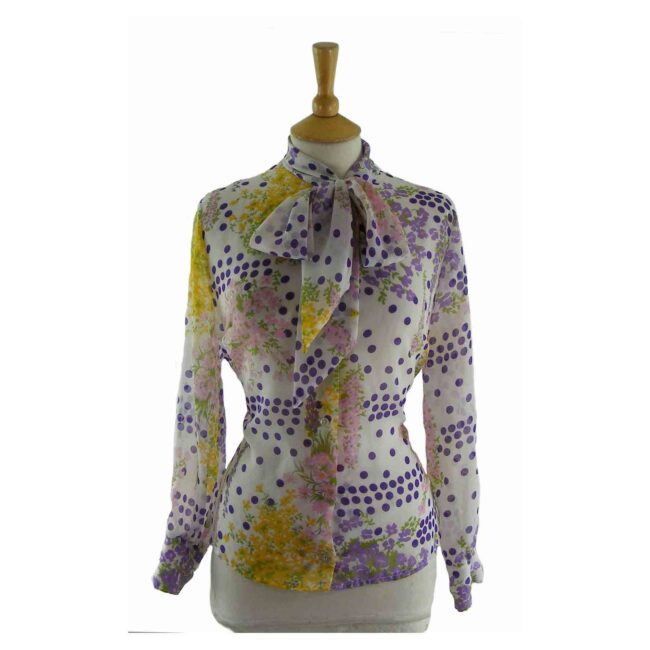 70s Floral Polka Dot Sheer Blouse - 16