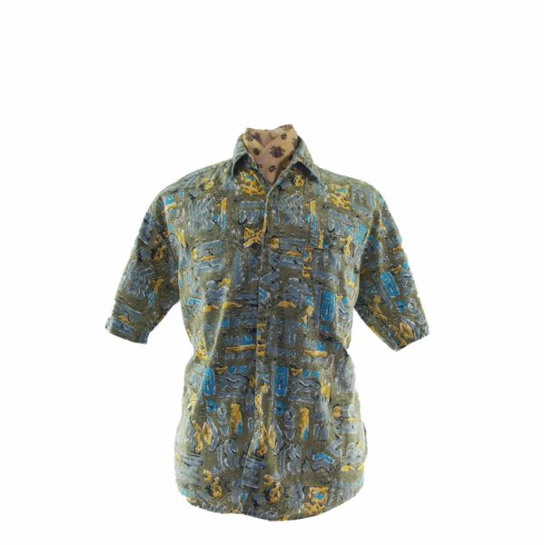 80s Khaki Crazy Patterned Shirt - Blue 17 Vintage Clothing