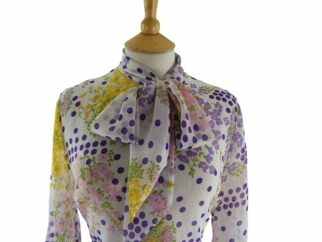 70s Floral Polka Dot Sheer Blouse - 16 - Image 2
