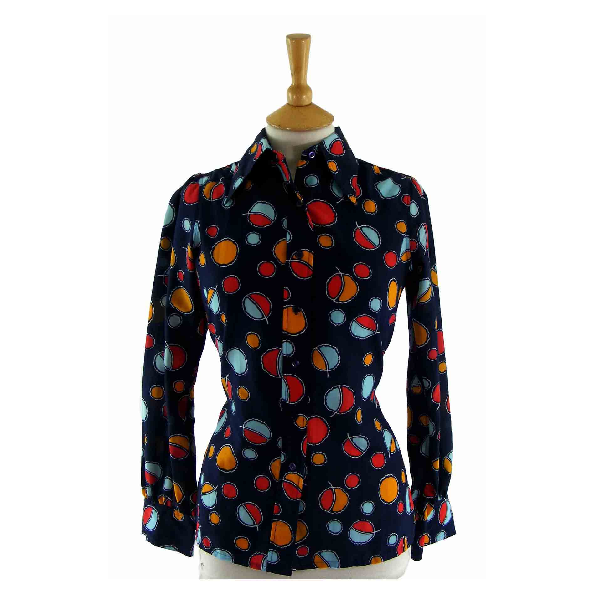70s Navy Circle Patterned Blouse - 8