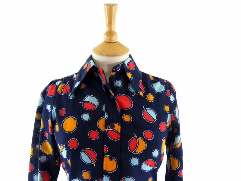 70s Navy Circle Patterned Blouse - 8 - Image 2
