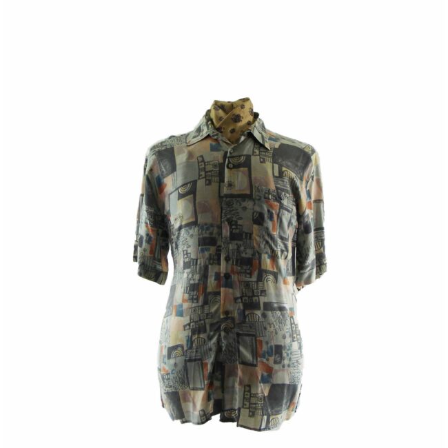 80s Doodle Patterned Short Sleeve Shirt - M