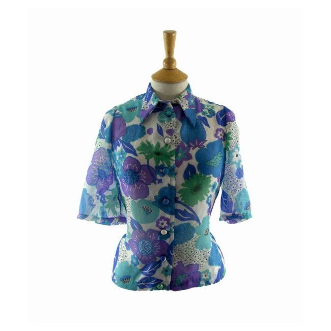 70s Sheer Blue Floral Short Sleeve Shirt - 14