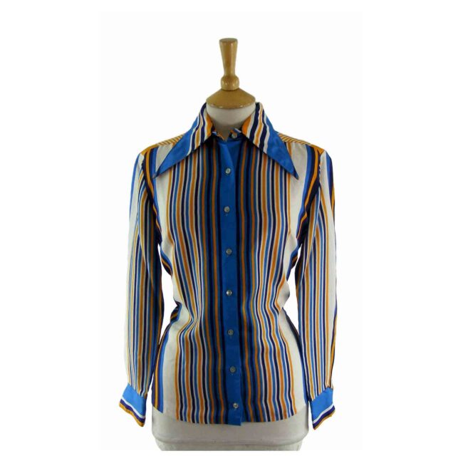 70s Blue Contrasting Stripe Blouse - 14