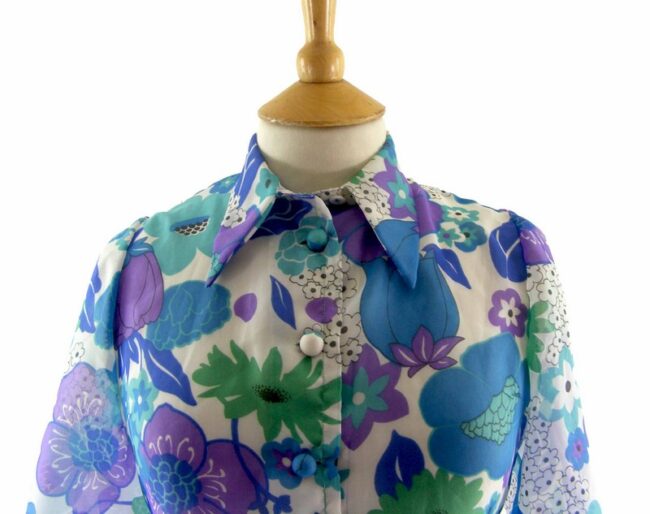 70s Sheer Blue Floral Short Sleeve Shirt - 14 - Image 2