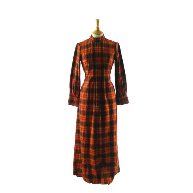 70s Orange Tartan Maxi Dress - 10