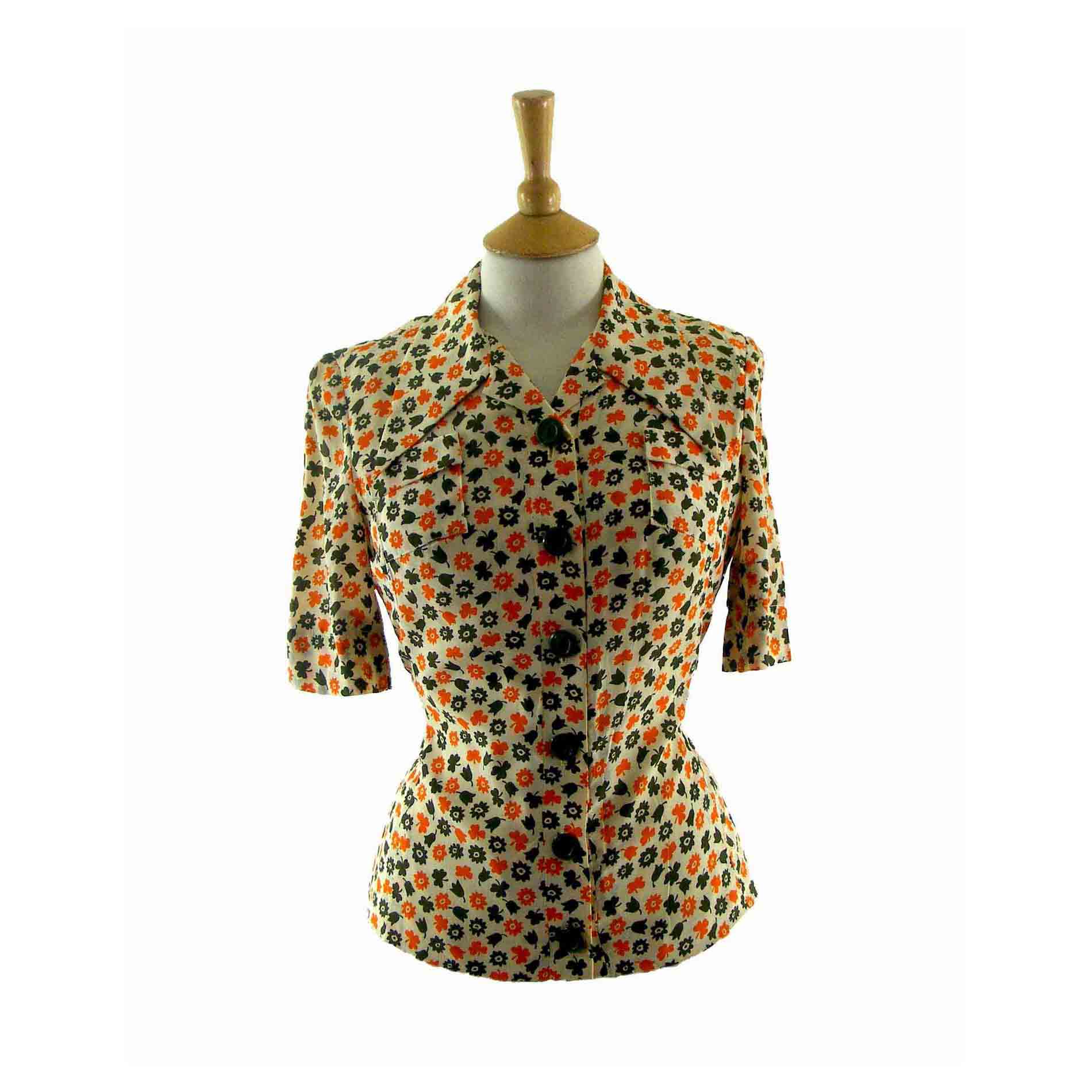 70s Floral Clover Short Sleeve Blouse - 10