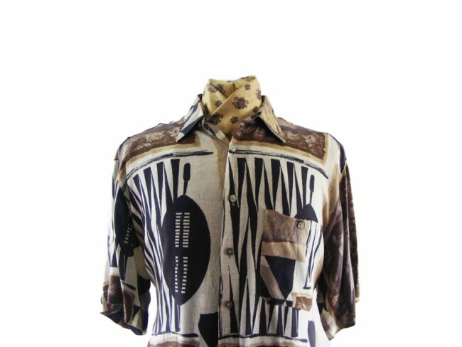 80s Brown Abstract Summer Shirt - L - Image 2