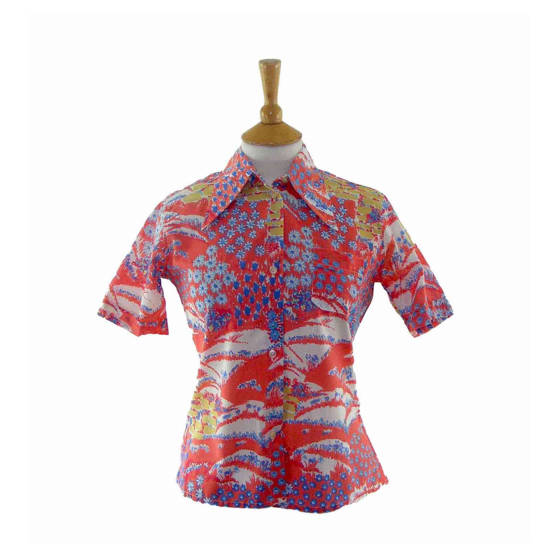 70s Red Floral Short Sleeve Blouse - 12