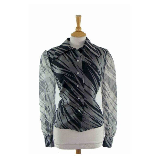 70s Silver Geometric Zebra Print Blouse - 12