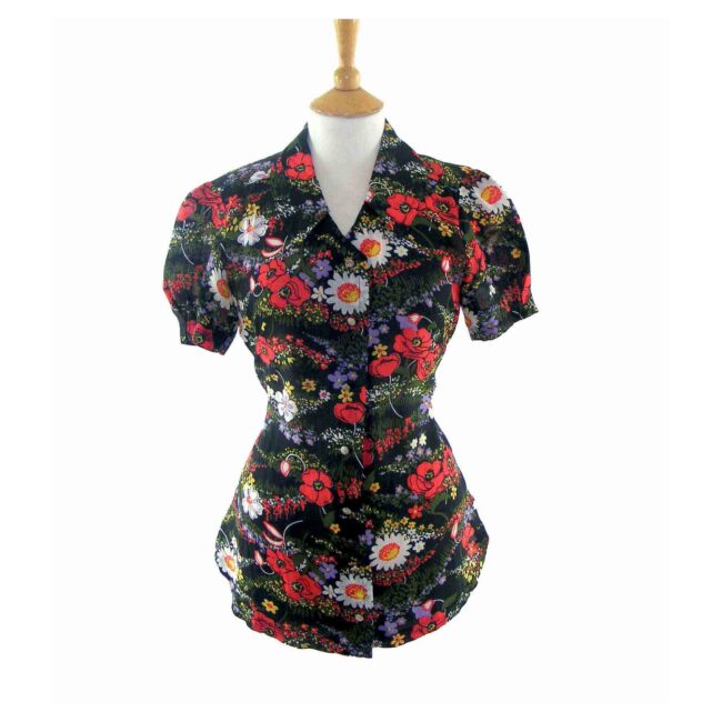 70s Floral Poppy Short Sleeve Blouse - 10