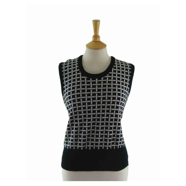 70s Black Woven Geometric Knitted Tank Top - 16
