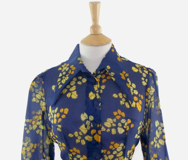 70s Navy Sheer Long Sleeve Blouse - 12 - Image 2