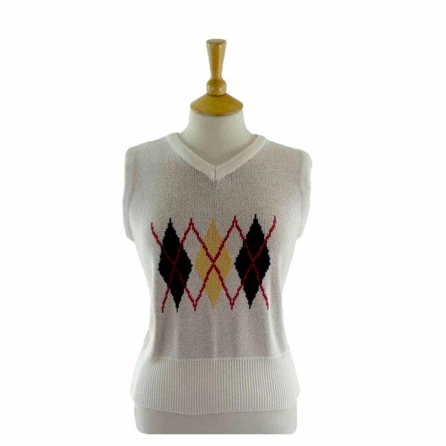 70s White Diamond Knitted Tank Top -14
