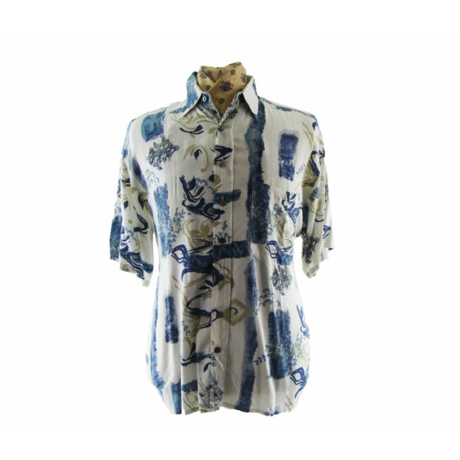 80s Blue Painterly Patterned Shirt - M