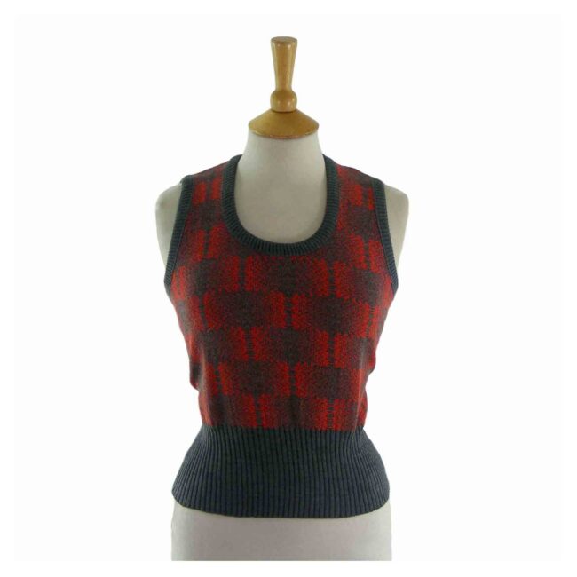 70s Grey and Red Checked Knitted Tank Top - 12