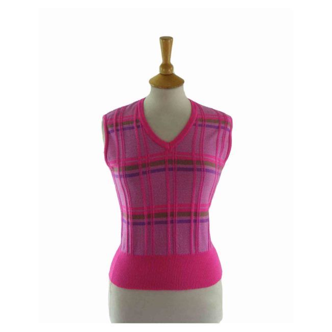 70s Pink Tartan Knitted Tank Top - 10