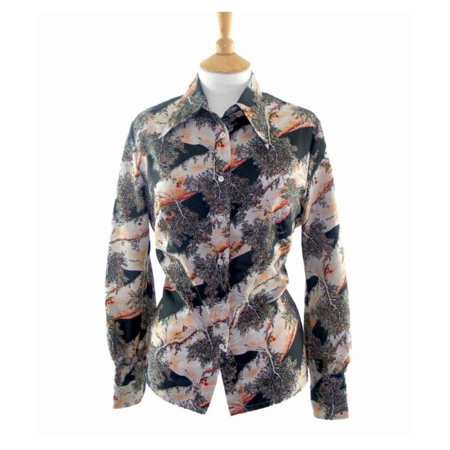 70s Oriental Tree Long Sleeve Blouse - 14